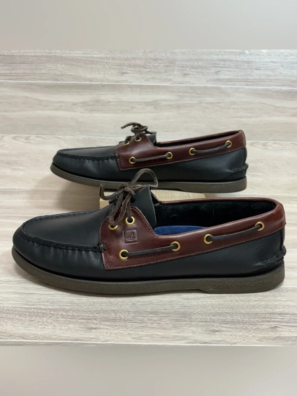 Sperry Men’s Top Sider Black and Brown Leather Boat Shoes Size 10W